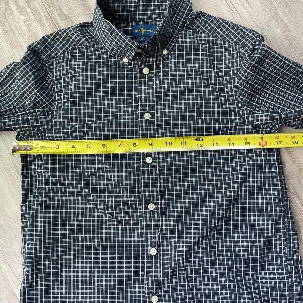 Ralph Lauren Boys Navy‎ Blue White Grid Check Button Down Shirt Size M 10-12